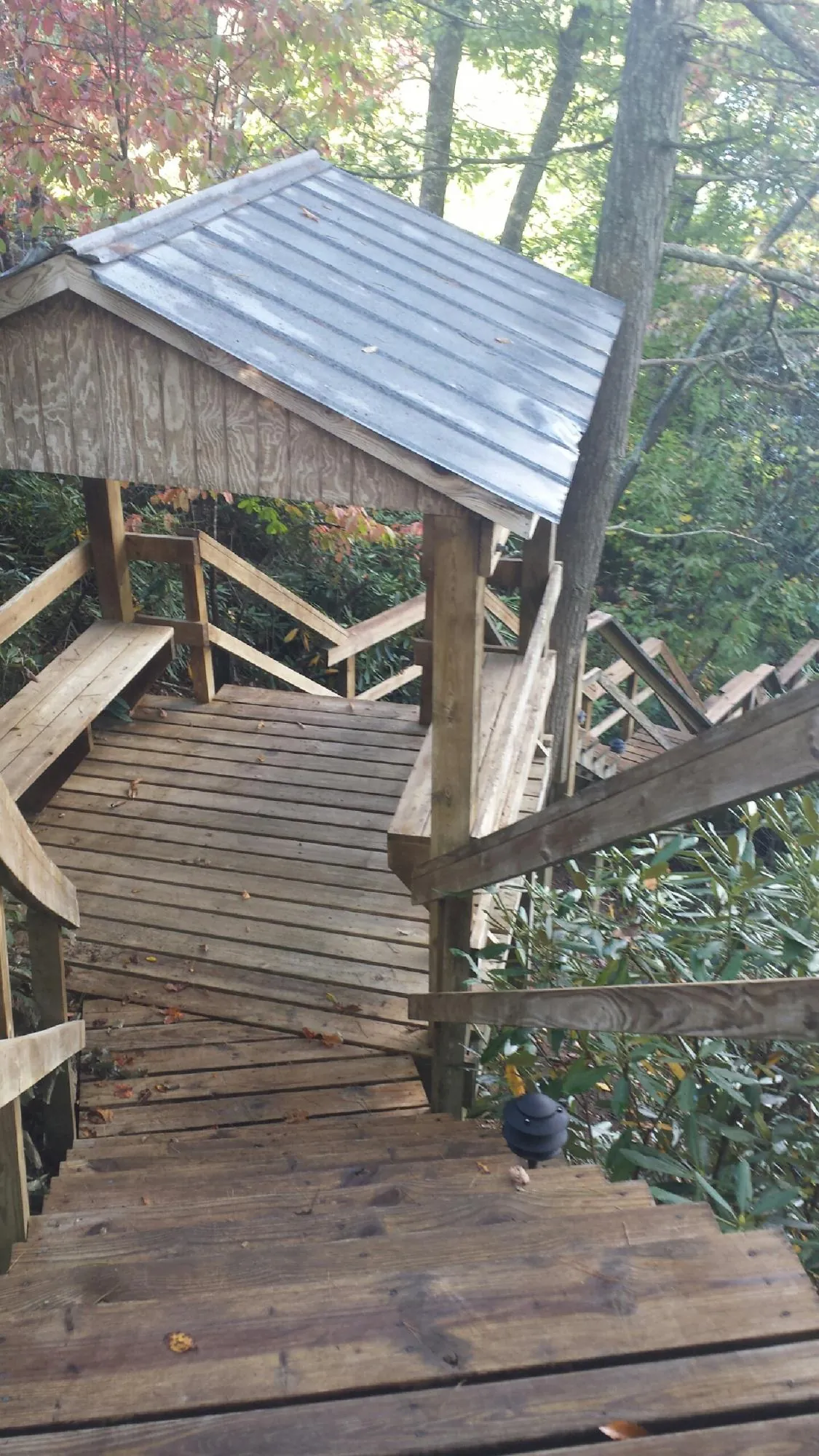 Metal roofed shelter over wooden steps on a wooded walkway — Skylight Repair & Installation work by our crew in Greeleyville
